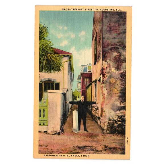 Vintage Treasury Street St Augustine Florida Narrowest Street Postcard SA 75 - Picture 1 of 2
